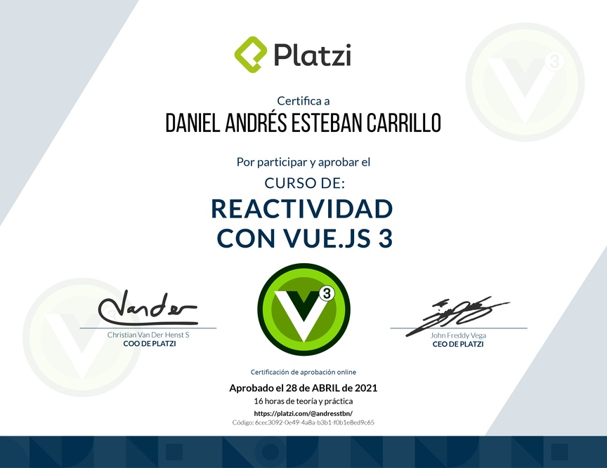 Diploma del Curso de Reactividad con Vue.js 3
