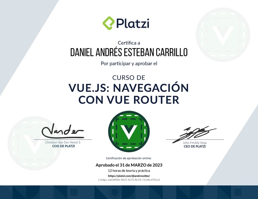 Diploma del Curso de Vue.js: Navegación con Vue Router