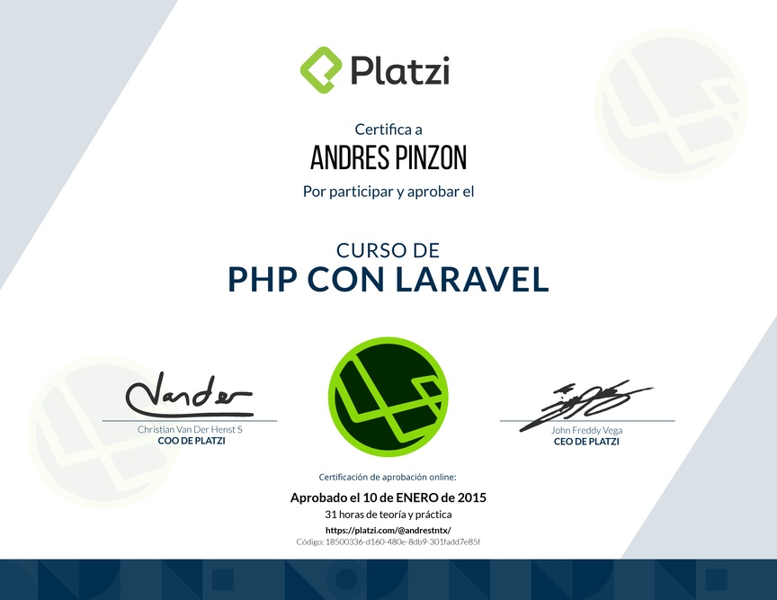 Diploma del Curso de PHP con Laravel 2015