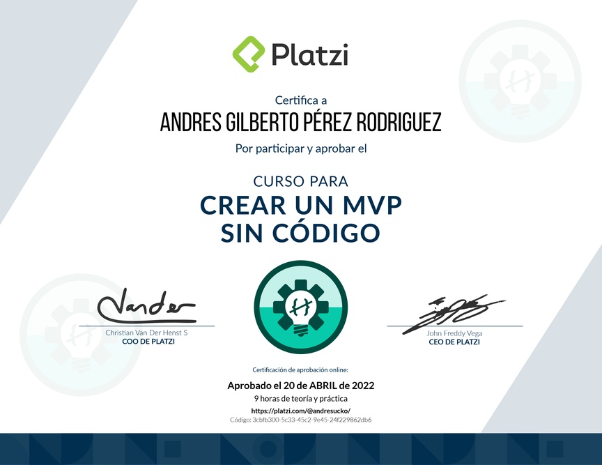 Diploma del Curso para Crear un MVP sin Código