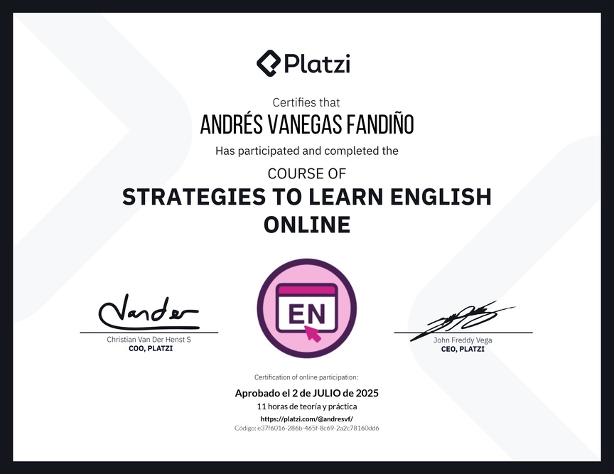 Diploma del Curso Gratis de Estrategias para Aprender Inglés en Línea