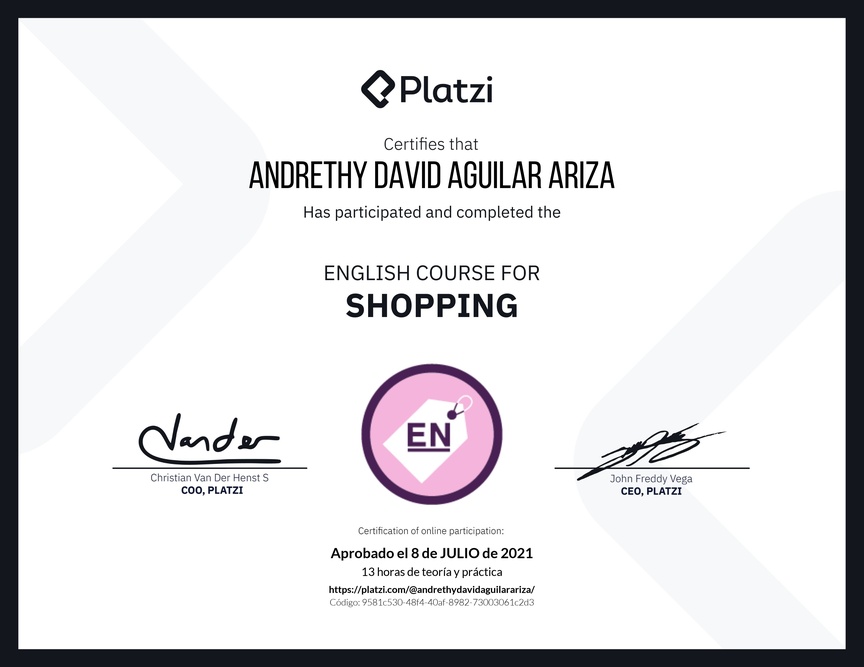 Diploma del Curso de Inglés para Compras (2020)