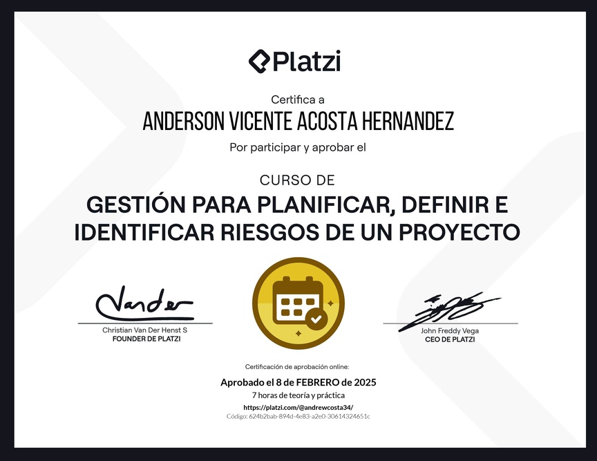 Diploma del Curso de Gestión para Planificar, Definir e Identificar Riesgos de un Proyecto