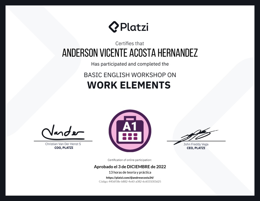 Diploma del Curso de Inglés Práctico sobre Elementos de Trabajo