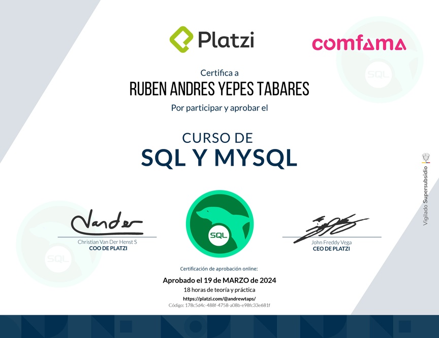 Diploma del Curso de SQL y MySQL 2018