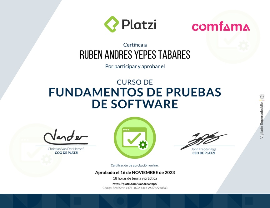 Diploma del Curso de Fundamentos de Pruebas de Software