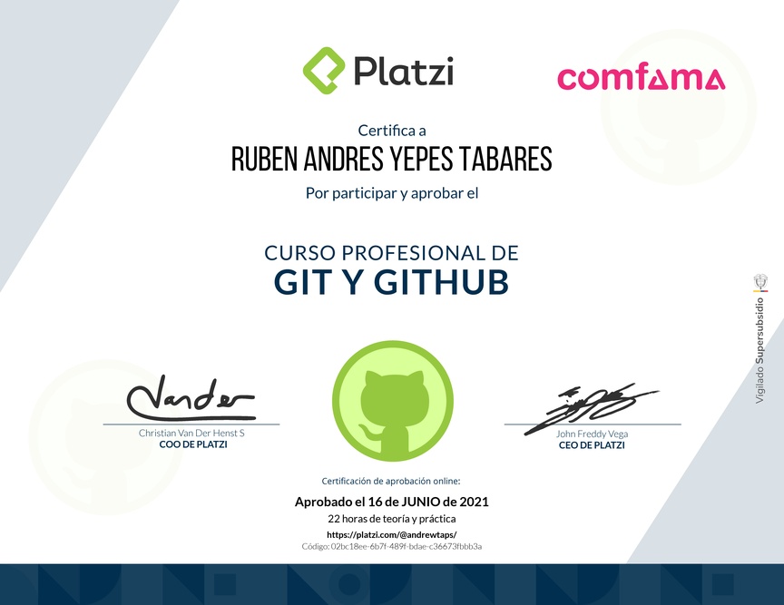 Diploma del Curso Profesional de Git y GitHub