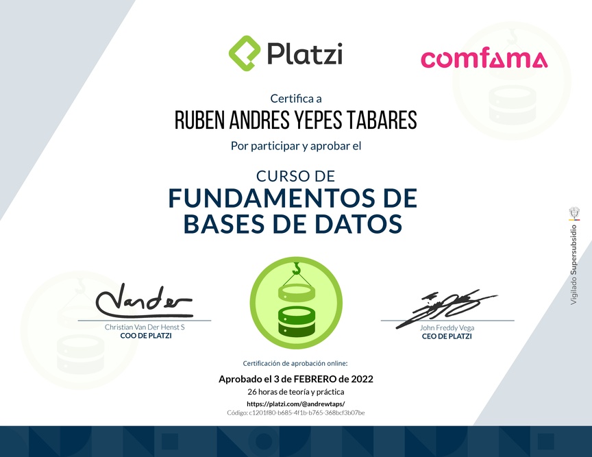 Diploma del Curso de Fundamentos de Bases de Datos 2019
