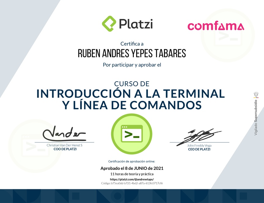 Diploma del Curso de Introducción a la Terminal y Línea de Comandos