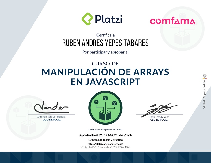 Diploma del Curso de Manipulación de Arrays en JavaScript