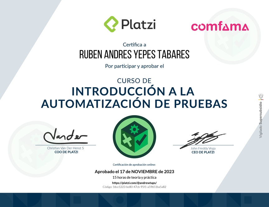 Diploma del Curso de Introducción a la Automatización de Pruebas