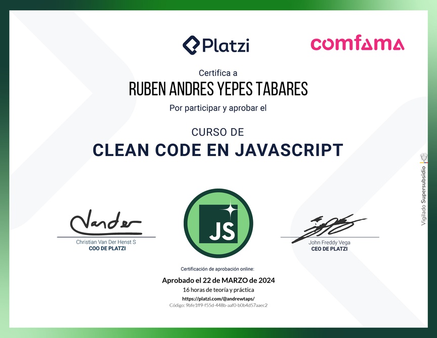 Diploma del Curso de Clean Code y Buenas Prácticas con JavaScript