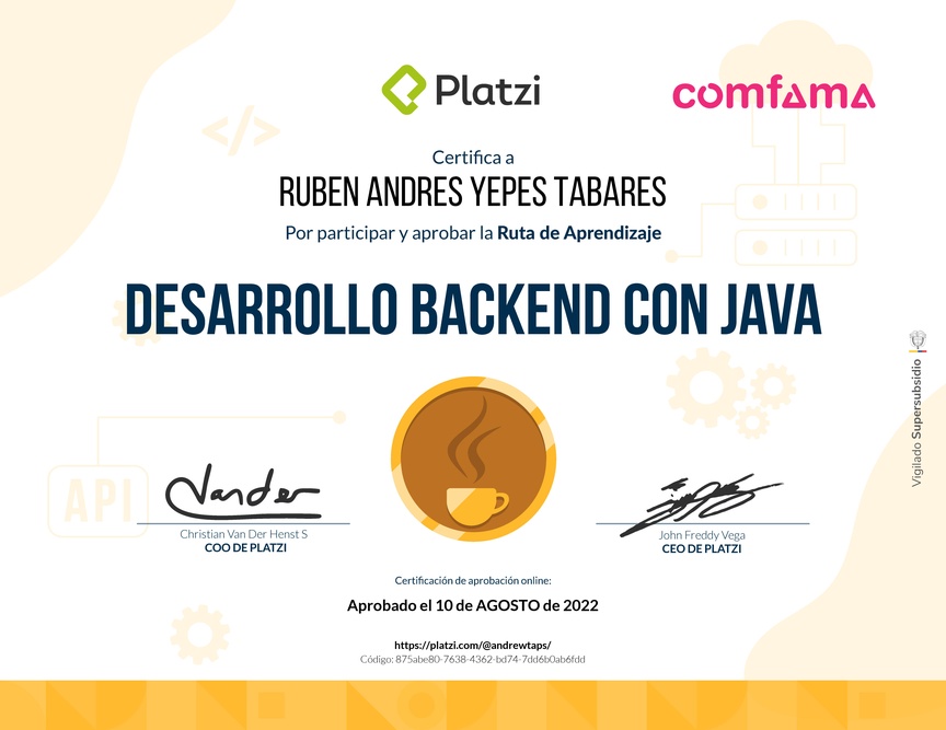Diploma de la Ruta de Aprendizaje de Desarrollo Backend con Java