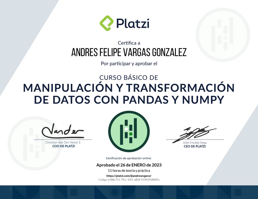 Diploma del Curso de Manipulación y Transformación de Datos con Pandas y NumPy