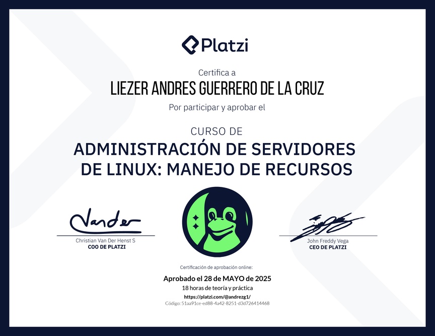 Diploma del Curso de Administración de Servidores Linux: Manejo de Recursos