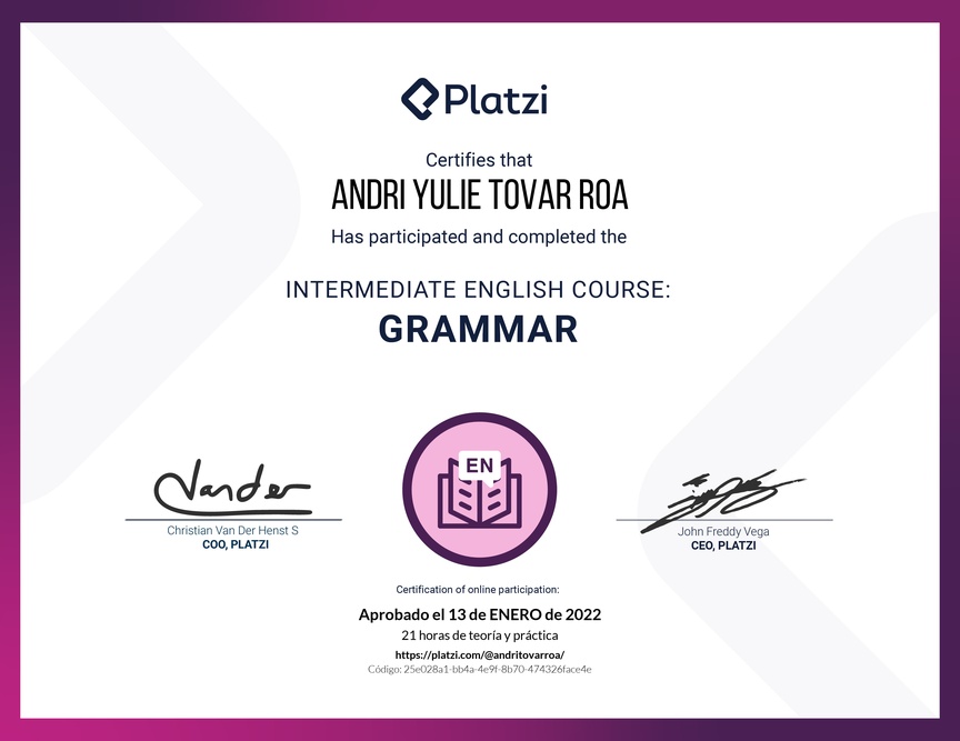 Diploma del Curso Intermedio de Gramática en Inglés (2020)