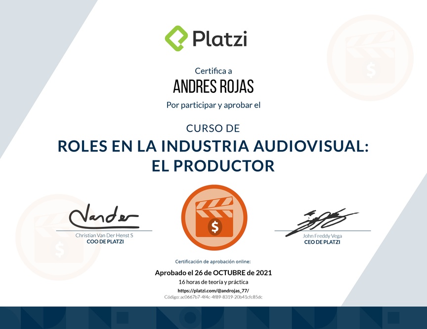 Diploma del Curso de Roles en la Industria Audiovisual: El Productor