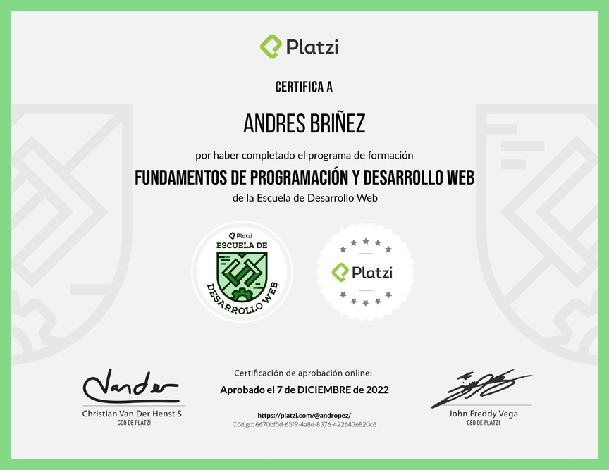Diploma de la Ruta de Aprendizaje de Fundamentos de Programación y Desarrollo Web