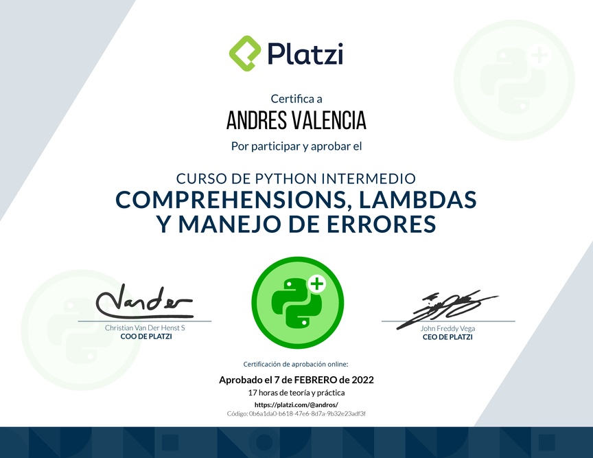 Diploma del Curso de Python Intermedio: Comprehensions, Lambdas y Manejo de Errores