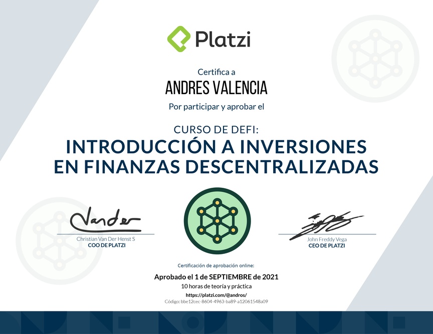 Diploma del Curso de DeFi: Introducción a Inversiones en Finanzas Descentralizadas