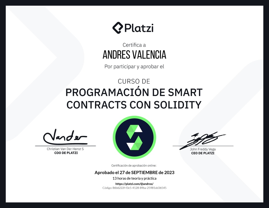 Diploma del Curso de Programación de Smart Contracts con Solidity