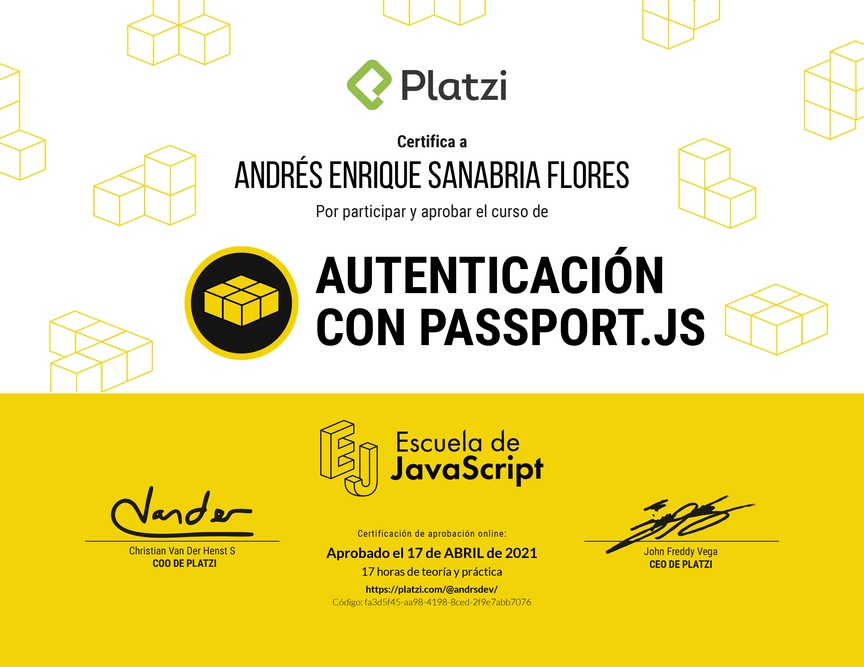 Diploma del Curso de Autenticación con Passport.js 2019