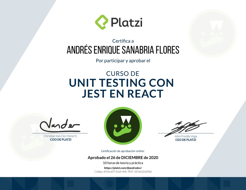 Diploma del Curso de Unit Testing con Jest en React