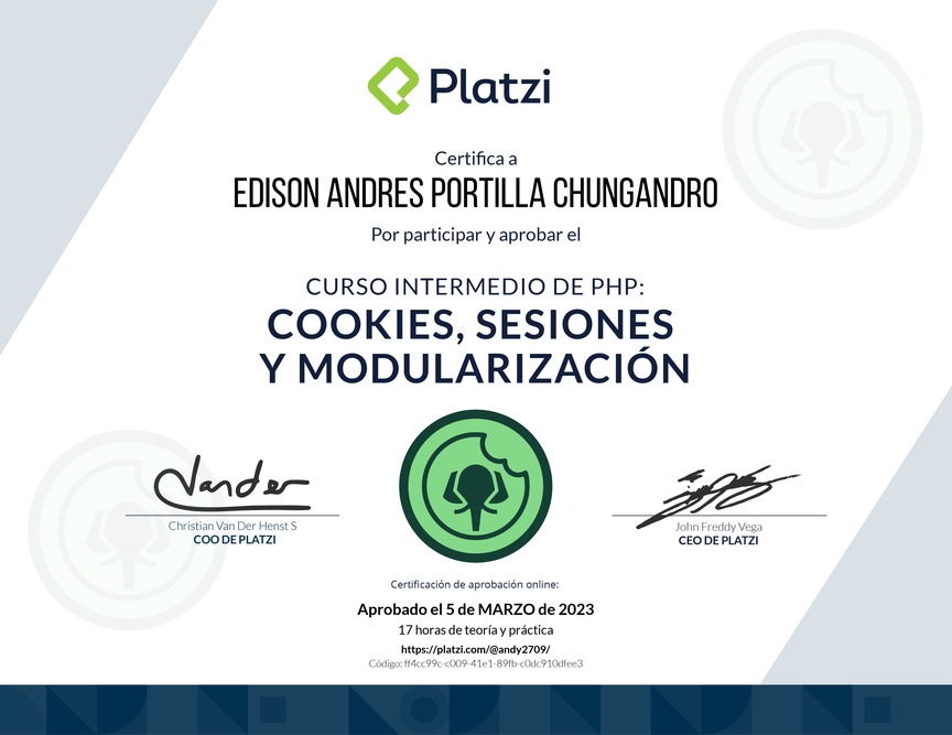 Diploma del Curso de PHP: Cookies, Sesiones y Modularización