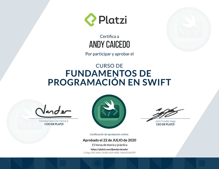 Diploma del Curso de Introducción a Swift (2019)