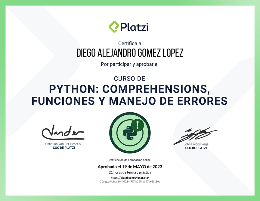 Diploma del Curso de Python: Comprehensions, Funciones y Manejo de Errores