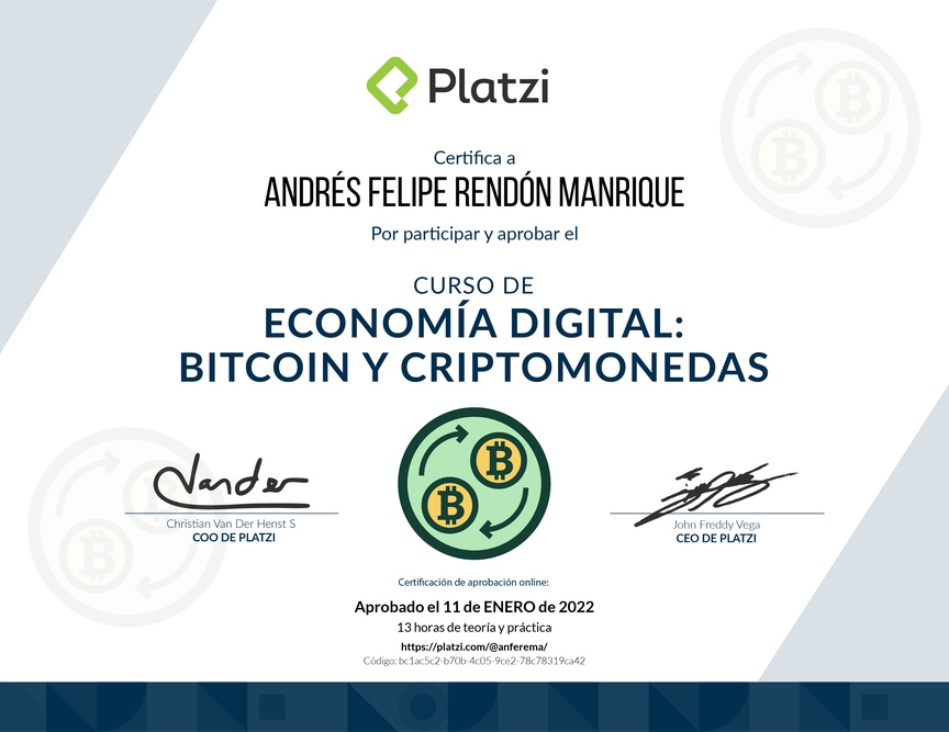 Diploma del Curso de Economía Digital: Bitcoin y Criptomonedas