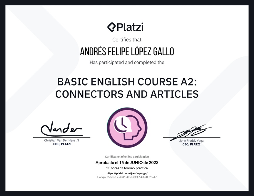 Diploma del Curso de Inglés Básico A2: Conectores y Artículos