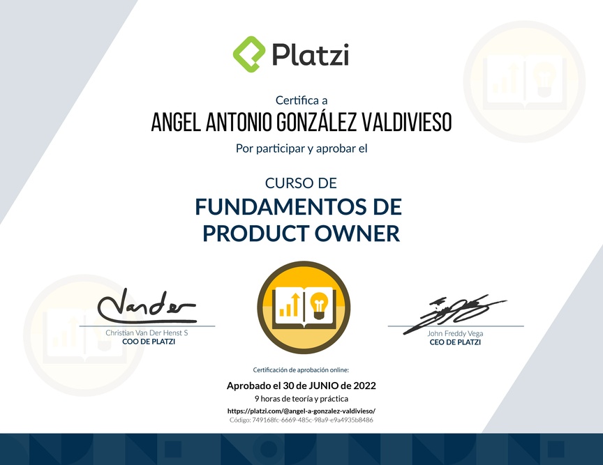 Diploma del Curso de Fundamentos de Product Owner