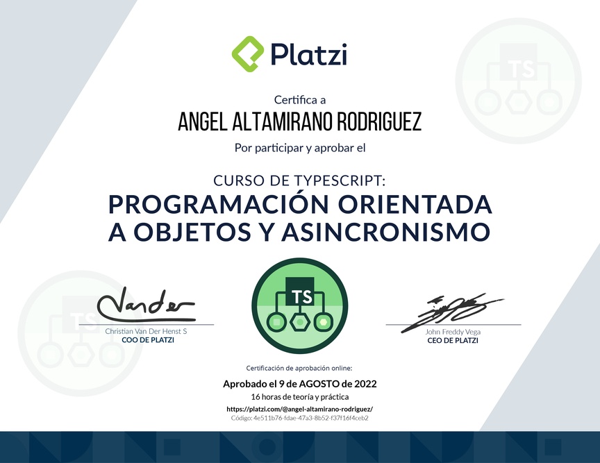 Diploma del Curso de TypeScript: Programación Orientada a Objetos y Asincronismo