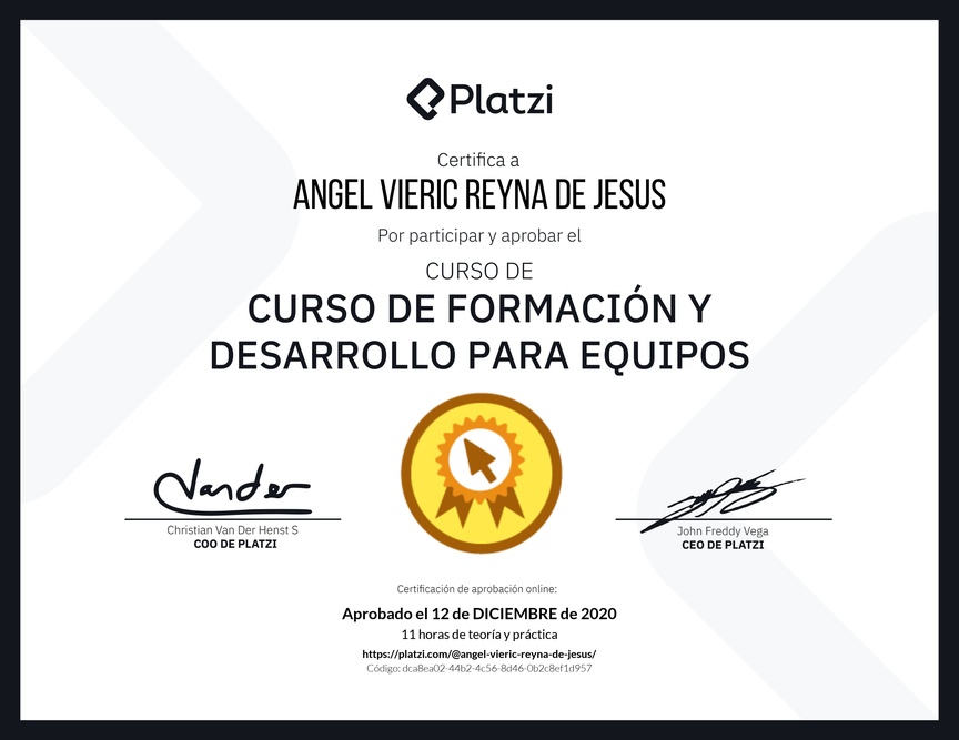 Diploma del Curso de Formación y Desarrollo para Equipos