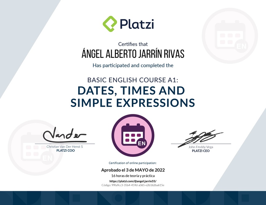 Diploma del Curso de Inglés Básico A1: Fechas, Horas y Expresiones Simples