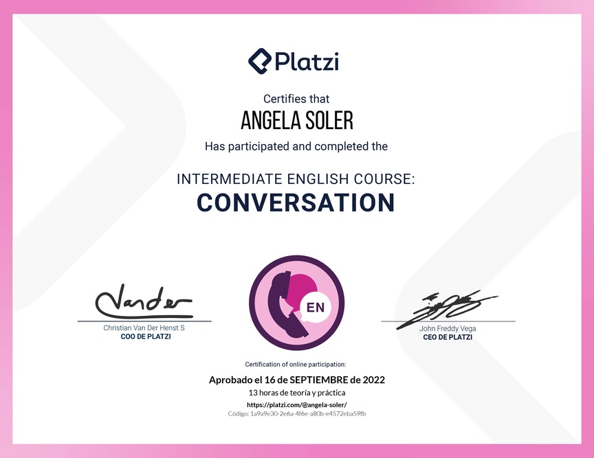Diploma del Curso de Inglés Intermedio: Conversación 2020
