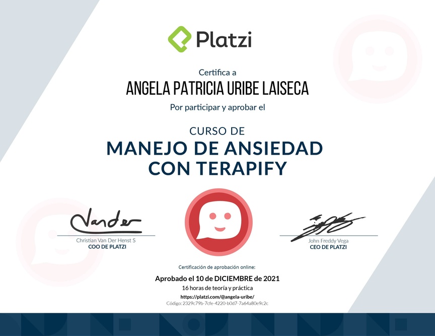 Diploma del Curso de Manejo de Ansiedad con Terapify
