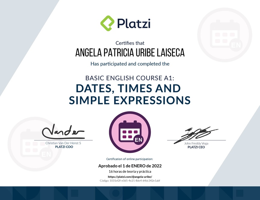 Diploma del Curso de Inglés Básico A1: Fechas, Horas y Expresiones Simples