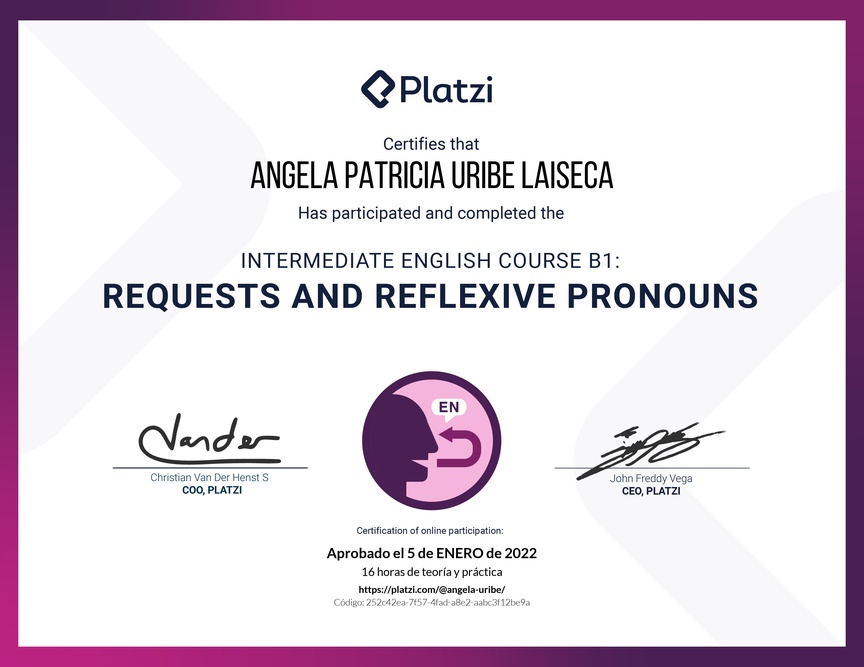 Diploma del Curso de Inglés Intermedio B1: Solicitudes y Pronombres Reflexivos