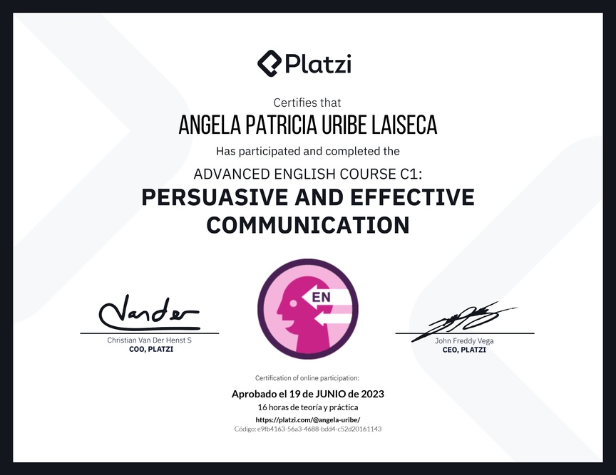 Diploma del Curso de Inglés Avanzado: Comunicación Persuasiva y Efectiva (2021)