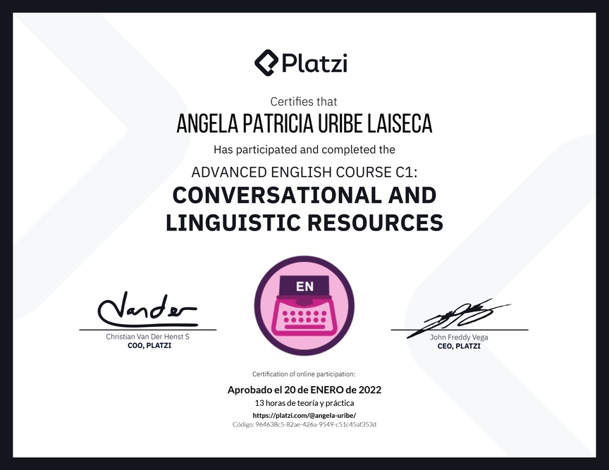 Diploma del Curso de Inglés Avanzado C1: Recursos Conversacionales y Lingüísticos