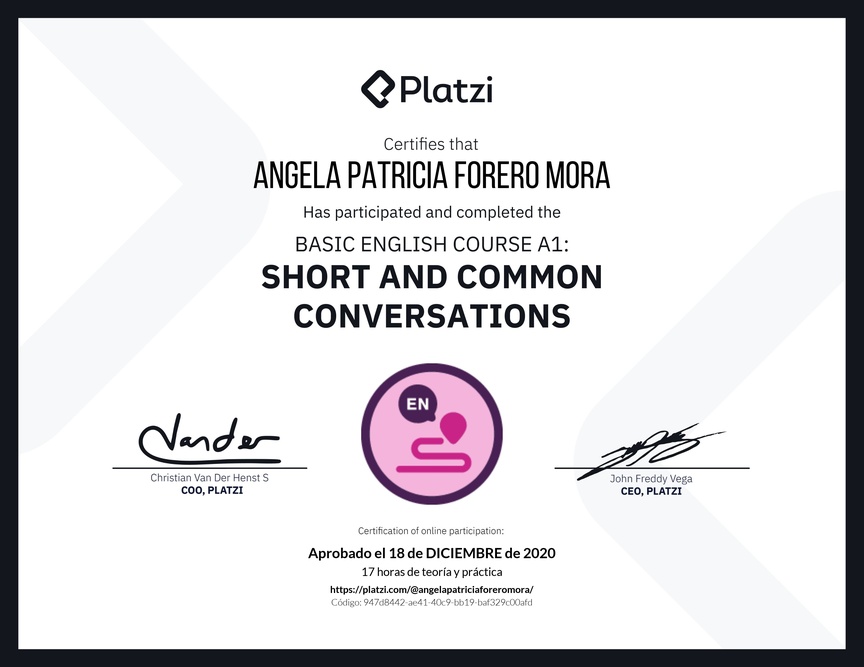 Diploma del Curso de Inglés Básico A1: Conversaciones Cortas y Habituales (2020)