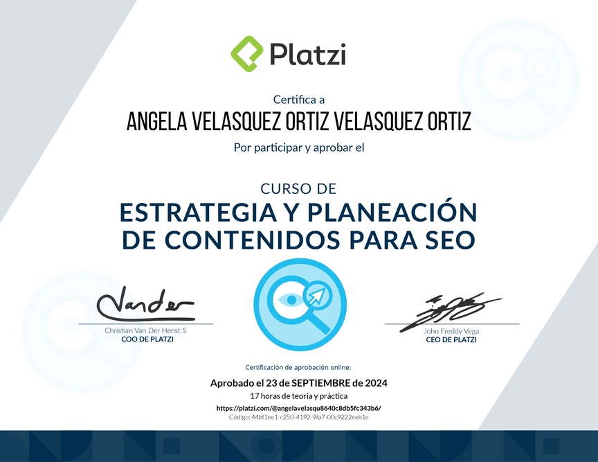 Diploma del Curso de Estrategia y Planeación de Contenidos para SEO (2020)