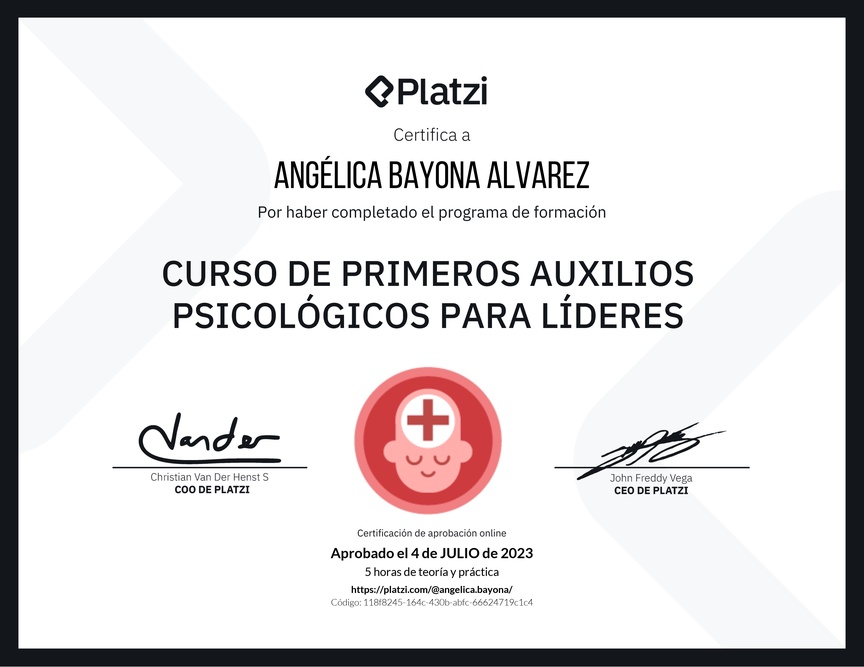 Diploma del Curso de Primeros Auxilios Psicológicos para Líderes