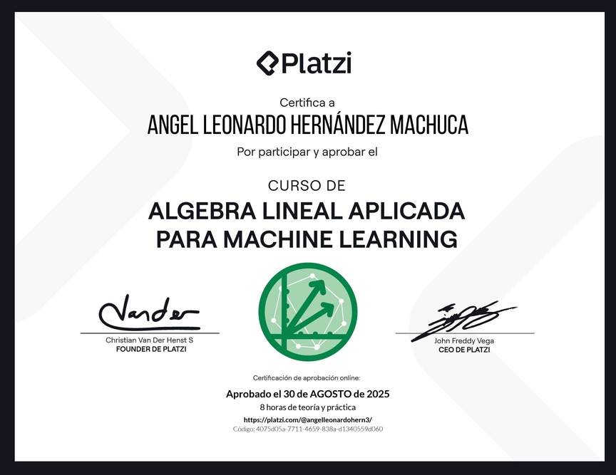 Diploma del Curso de Álgebra Lineal Aplicada para Machine Learning
