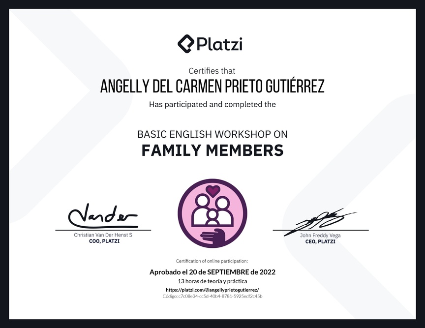 Diploma del Curso de Inglés Práctico sobre los Miembros de la Familia