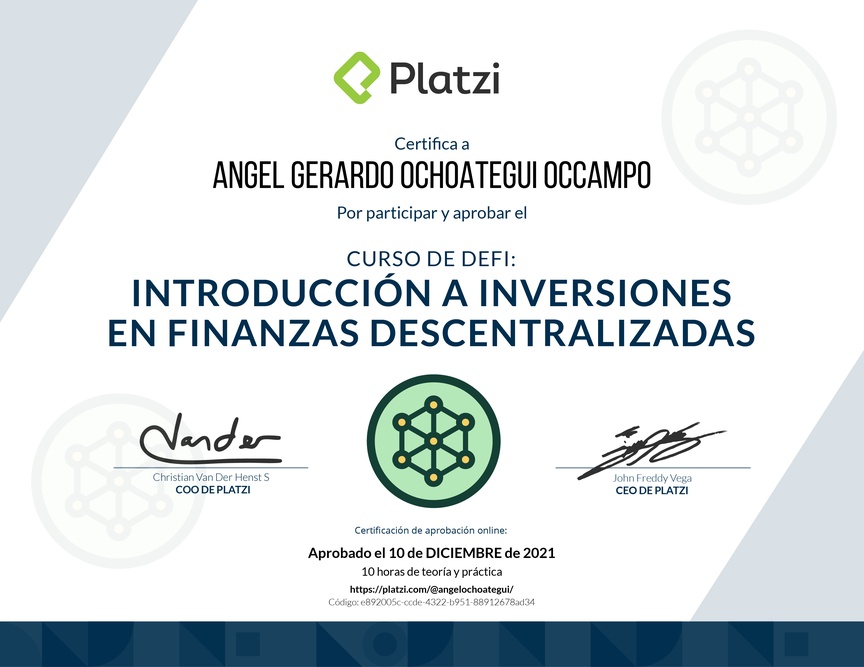 Diploma del Curso de DeFi: Introducción a Inversiones en Finanzas Descentralizadas