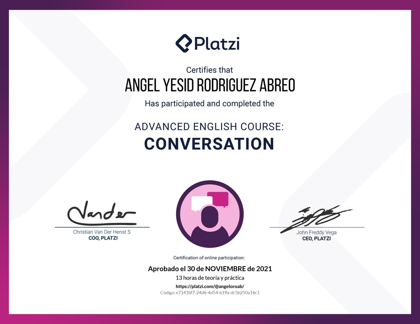 Diploma del Curso de Inglés Avanzado: Conversación 2020