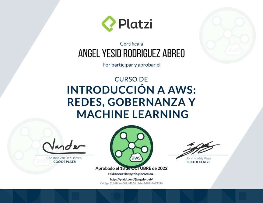 Diploma del Curso de Introducción a AWS: Redes, Gobernanza y Machine Learning